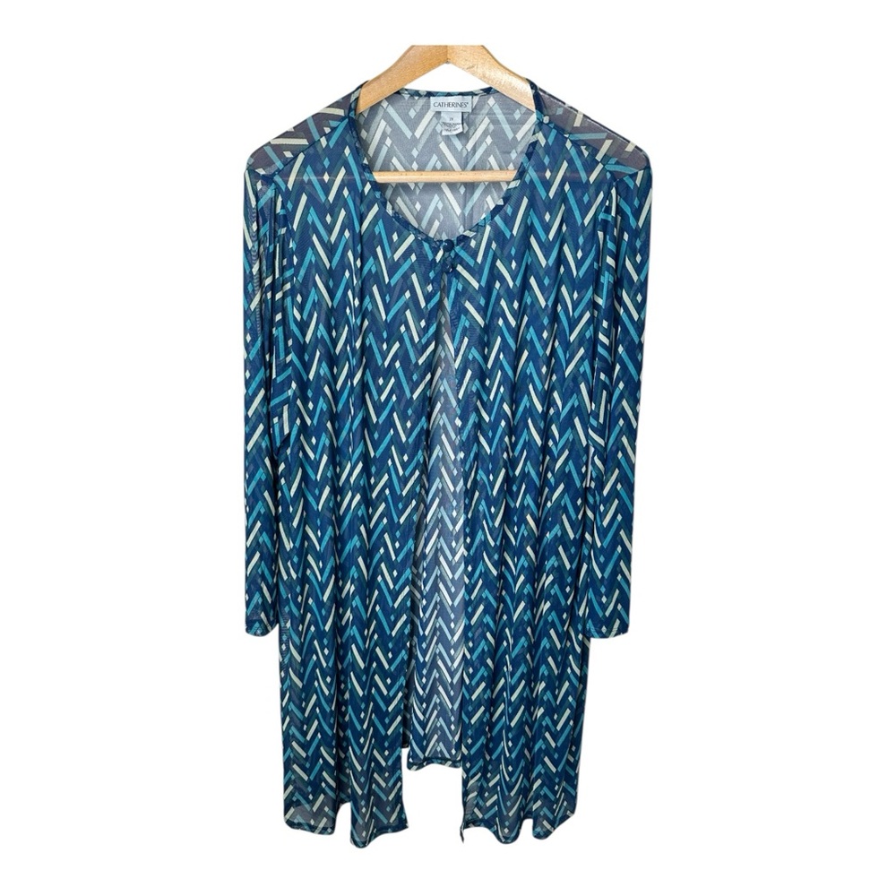 Catherines Size 2X Sheer Mesh Kimono Cardigan Duster Topper Blue Geo Print New
